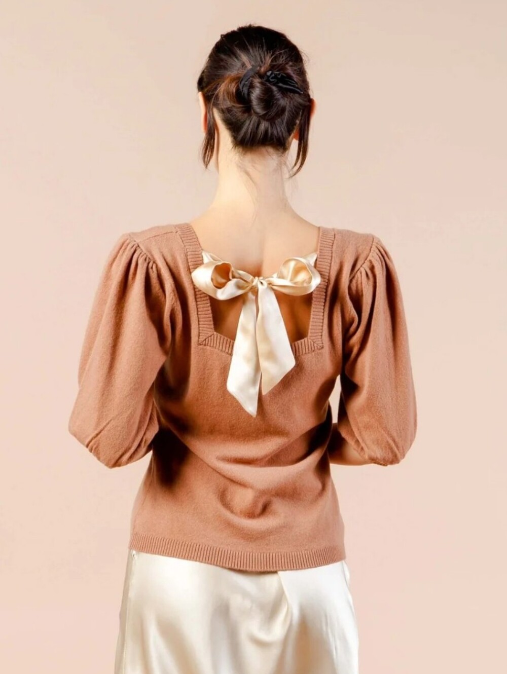 Cozure Puff Sleeve Cashmere Sweater With Silk Bow
